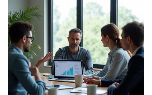 Group of professionals discussing corporate wellness in a modern office