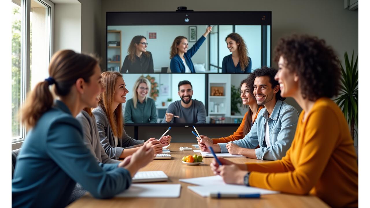Diverse San Francisco SME team engaging in a virtual wellness workshop, smiling and focused on their screens, some with notes or light exercise equipment.
