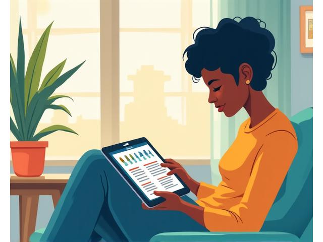 Illustration of a person reading a tablet with health content