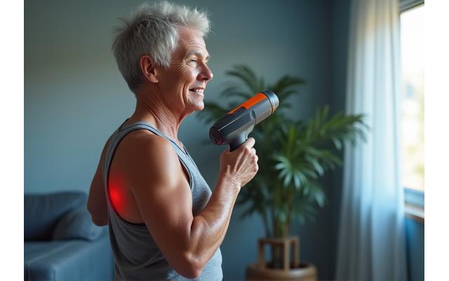 A person using a percussive massage gun on their shoulder, in a clean, modern home gym setting.