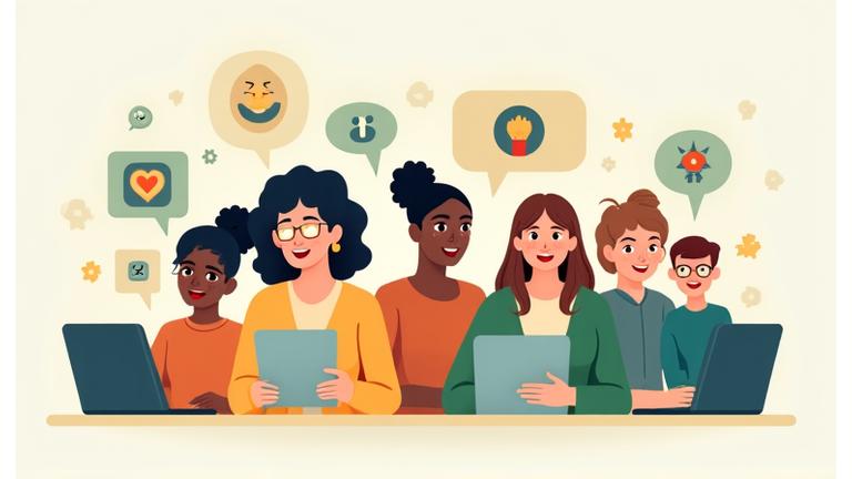 Illustration of diverse adults interacting harmoniously in a digital space, surrounded by subtle icons representing respect, privacy, and health, all within a clean, modern design. Focus on positive interaction and support.
